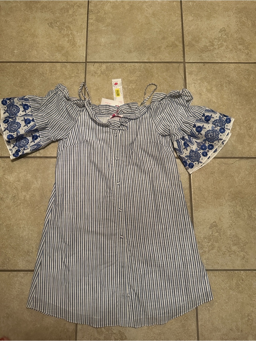 Women’s Blue Stripe Cold-Shoulder Dress with Embroidered Sleeves